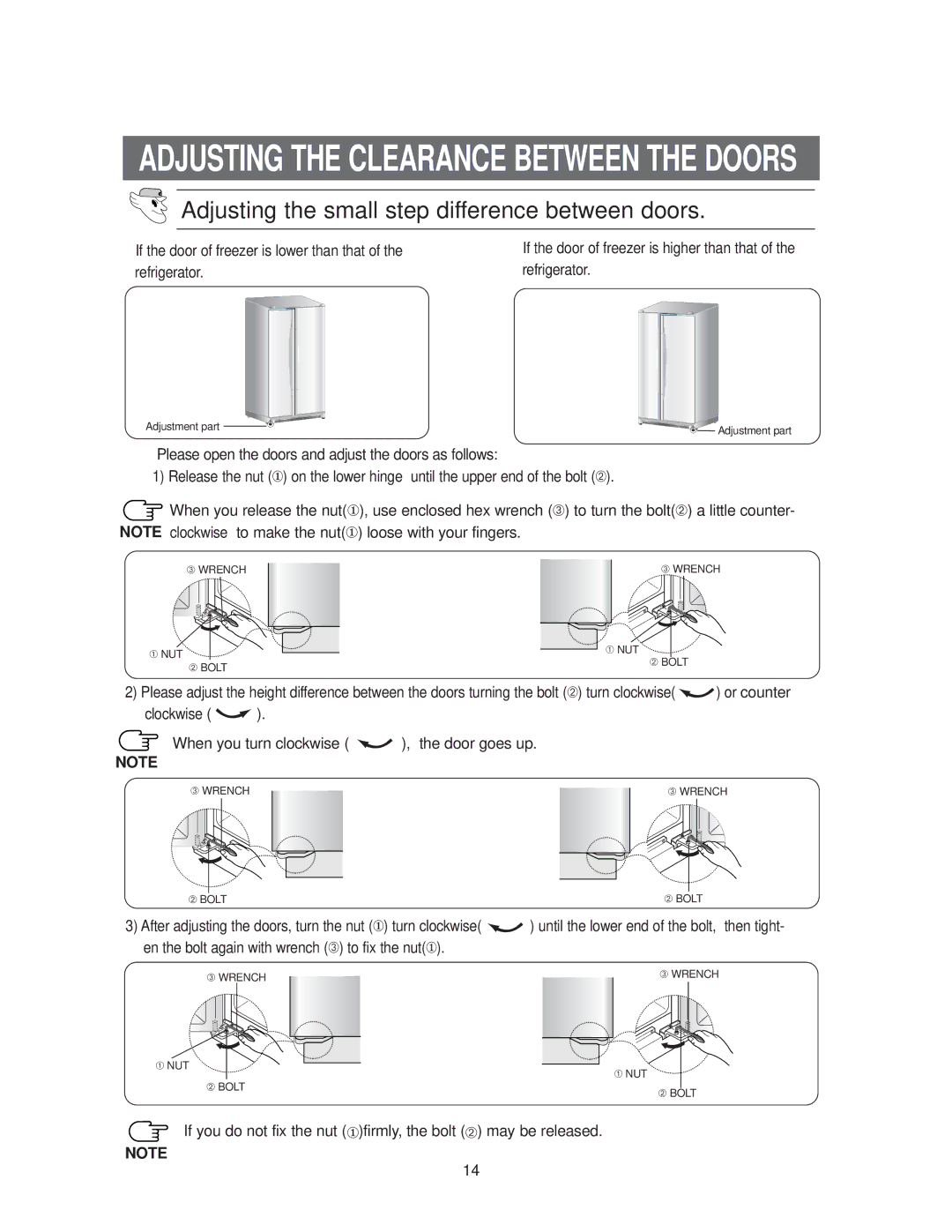 Samsung RS20**** owner manual Adjusting the Clearance Between the Doors 