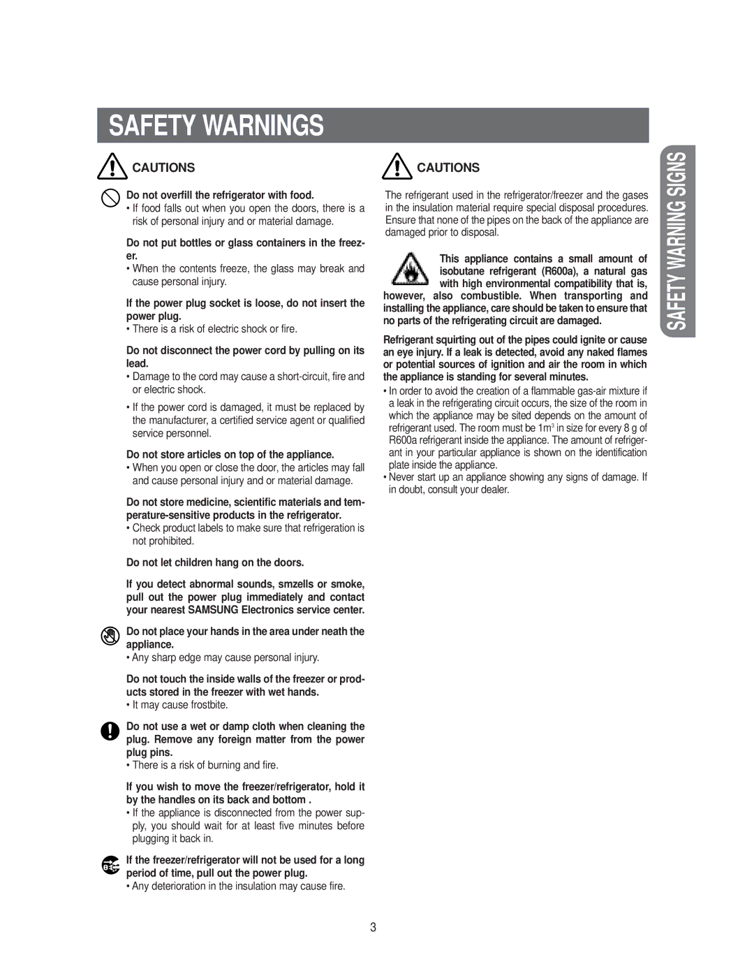 Samsung RS20**** owner manual Safety Warnings 