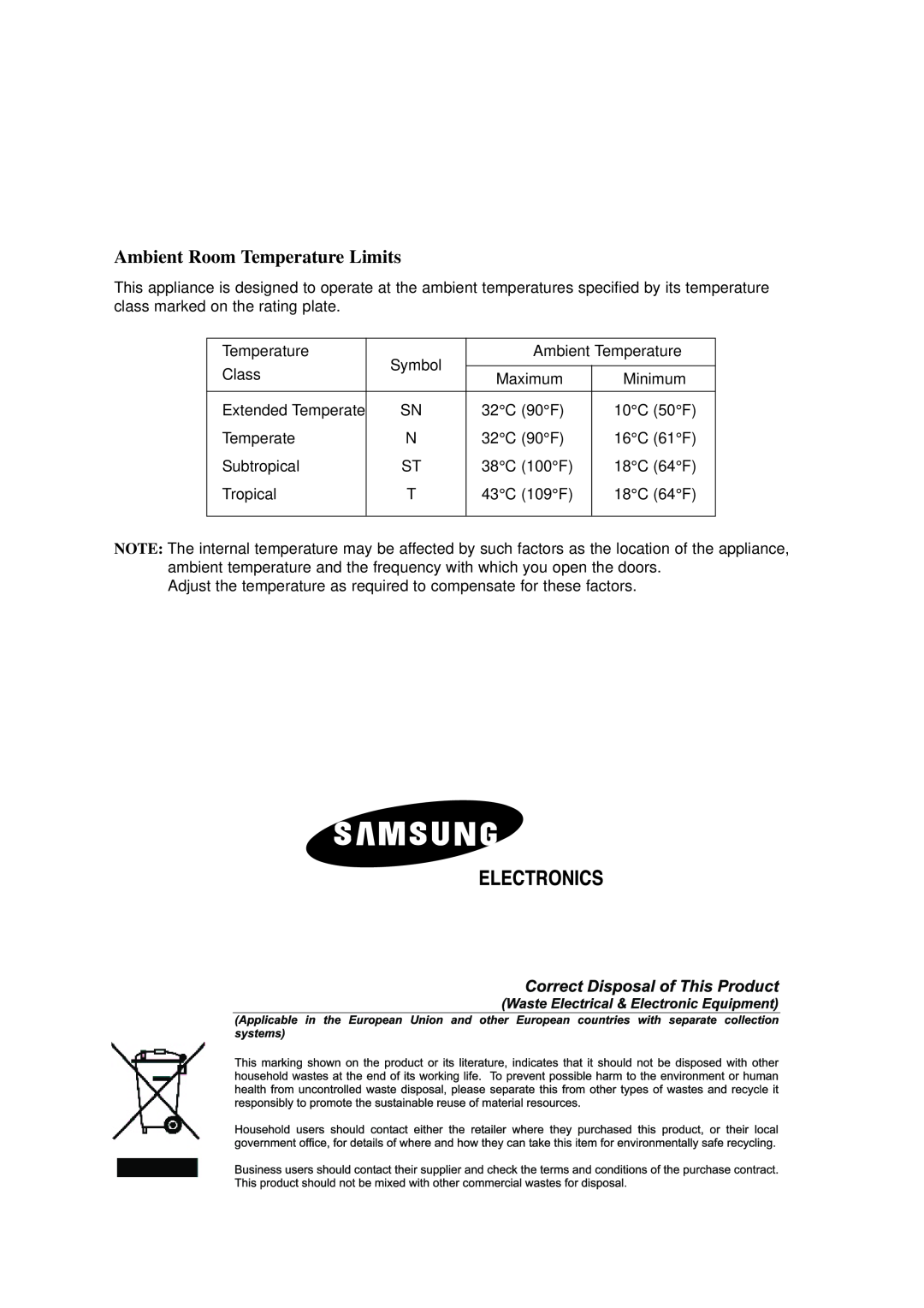 Samsung RS20 owner manual Ambient Room Temperature Limits 