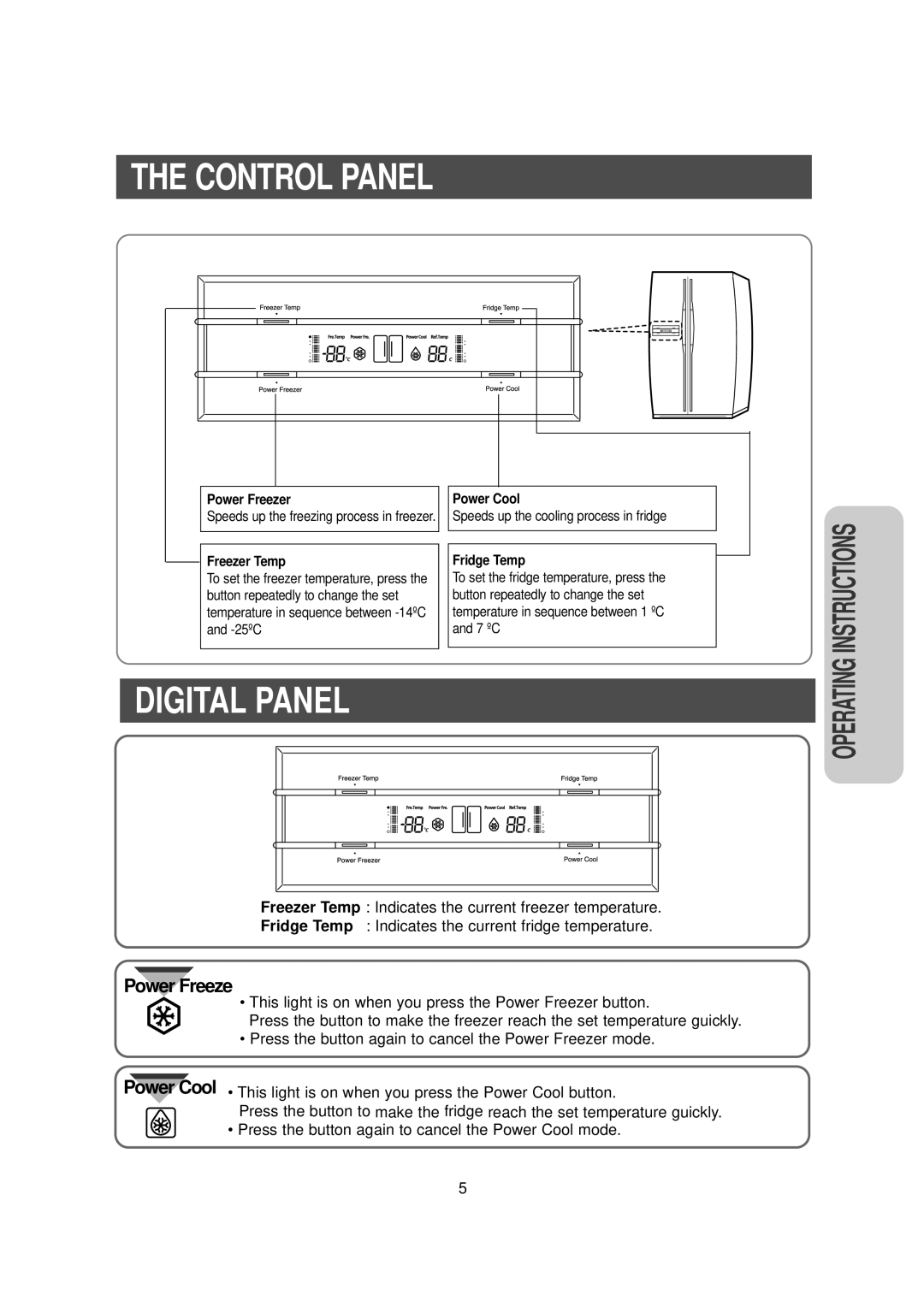 Samsung RS20 owner manual The Control Panel, Digital Panel, Power Freeze, Instructions, Operating 