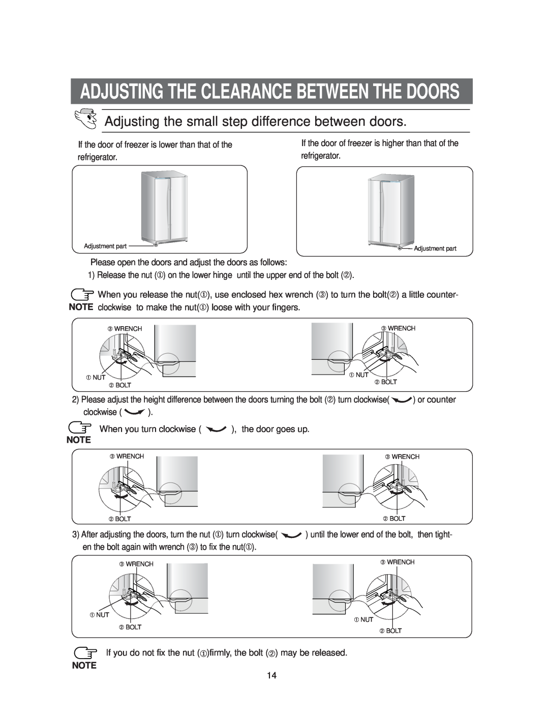 Samsung RS20**** owner manual Adjusting The Clearance Between The Doors, Adjusting the small step difference between doors 