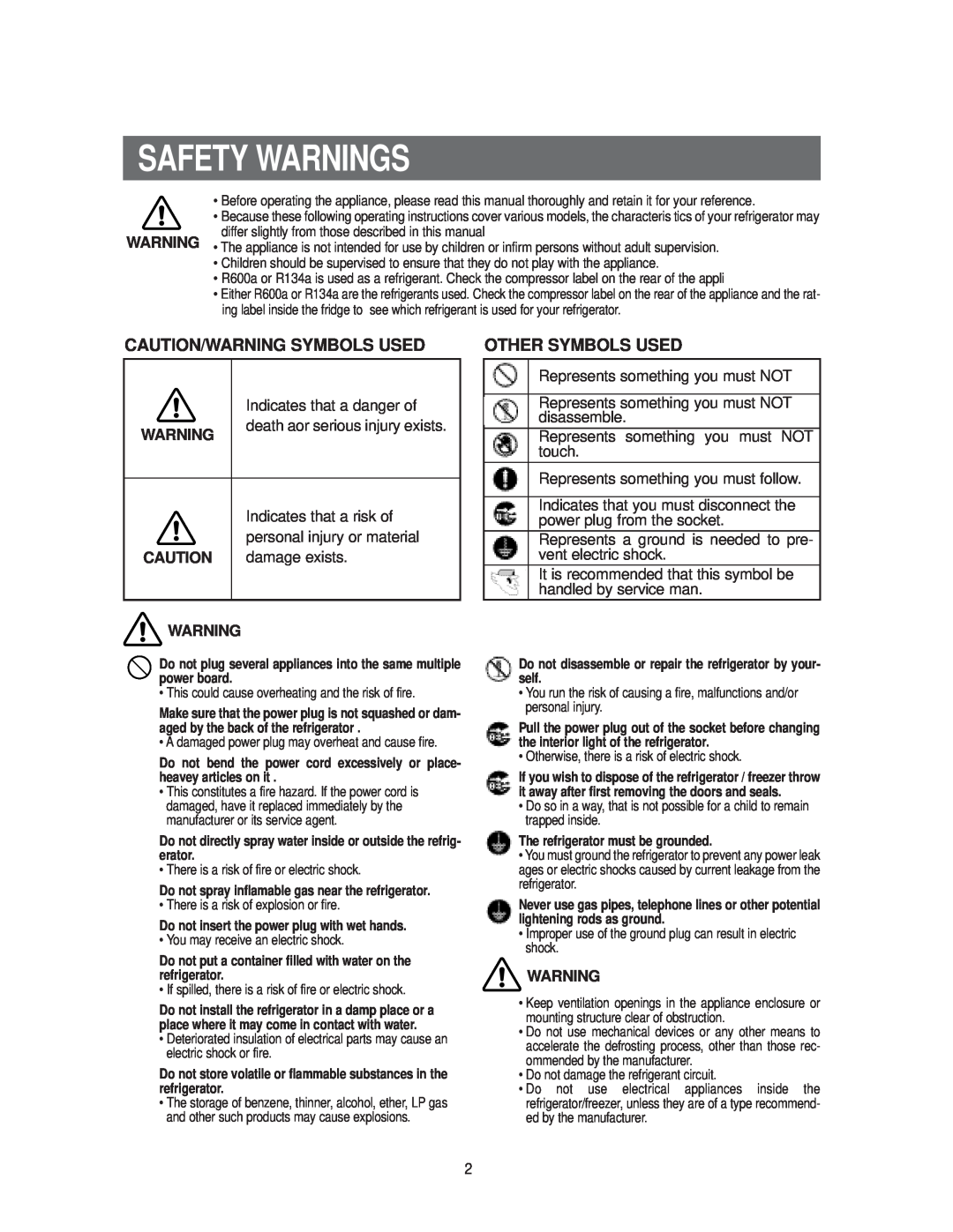 Samsung RS20**** owner manual Safety Warnings, Caution/Warning Symbols Used, Other Symbols Used 