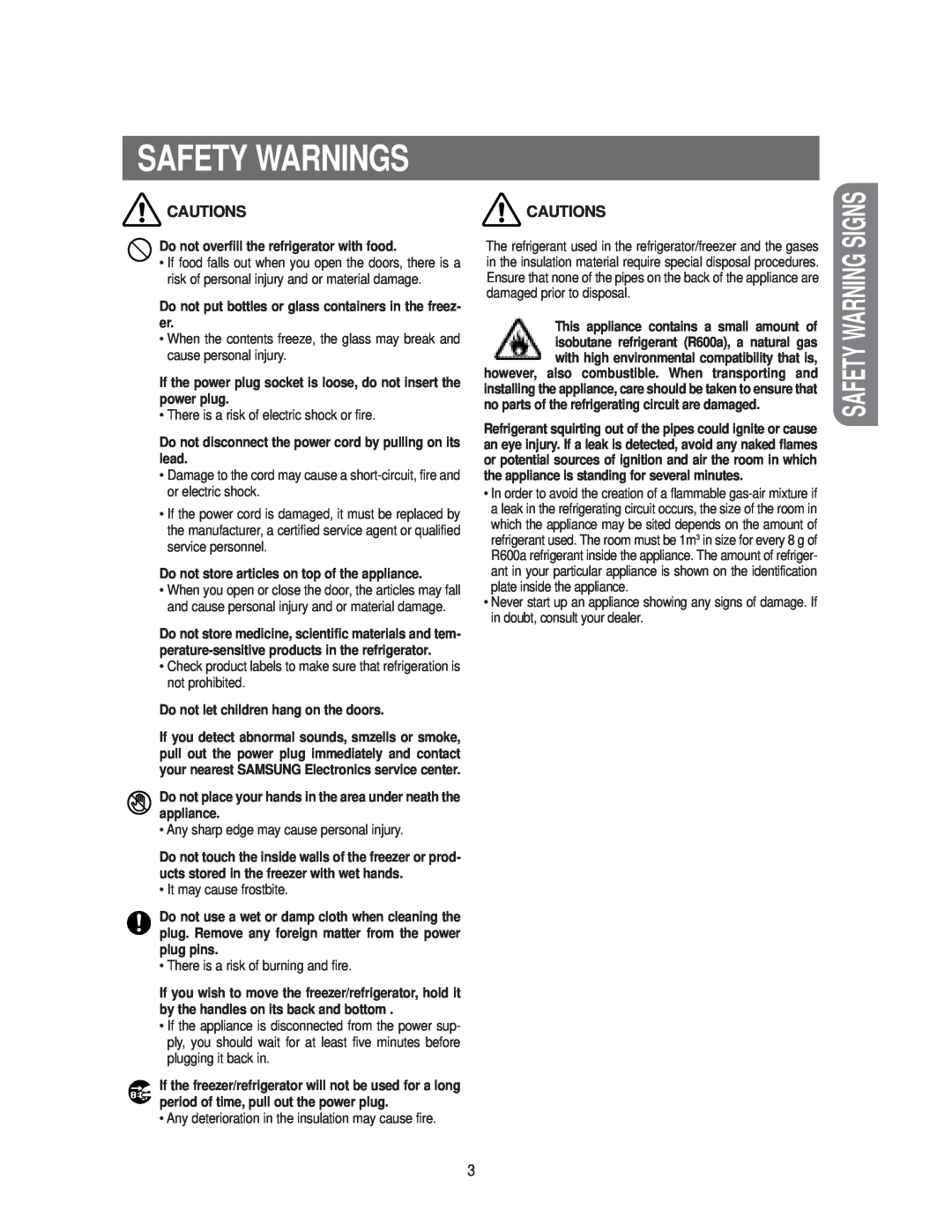 Samsung RS20**** owner manual Safety Warning Signs, Cautions, Safety Warnings 