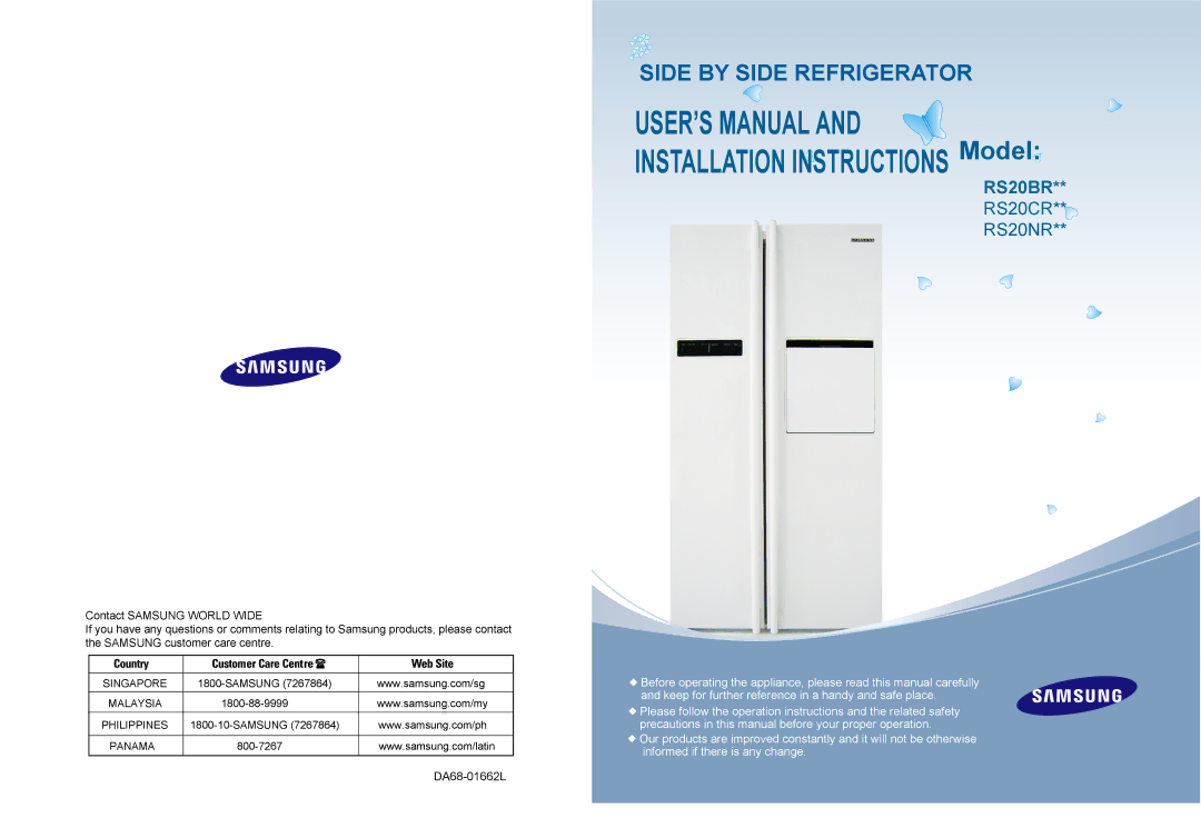 Samsung RS20NR, RS20BR, RS20CR user manual Side by Side Refrigerator 