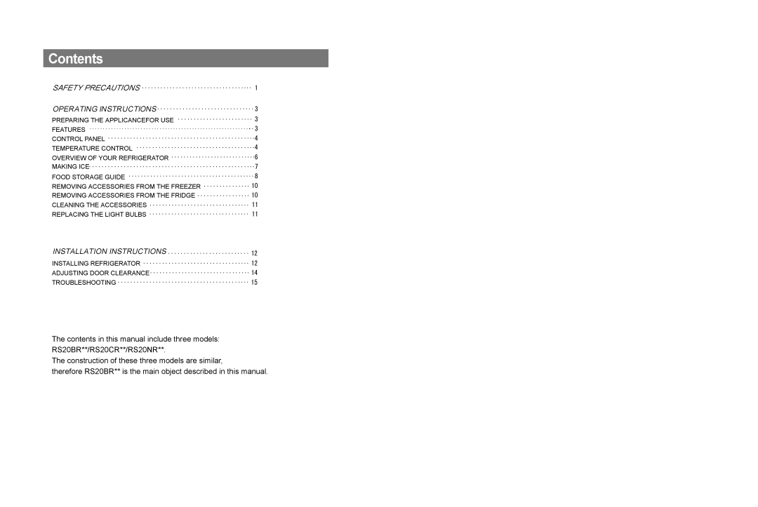 Samsung RS20CR, RS20BR, RS20NR user manual Contents 