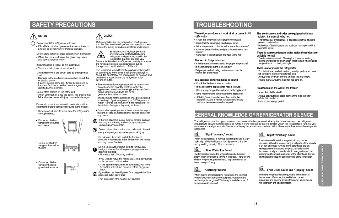 Samsung RS20NR, RS20BR, RS20CR user manual Safety Precautions Troubleshooting 