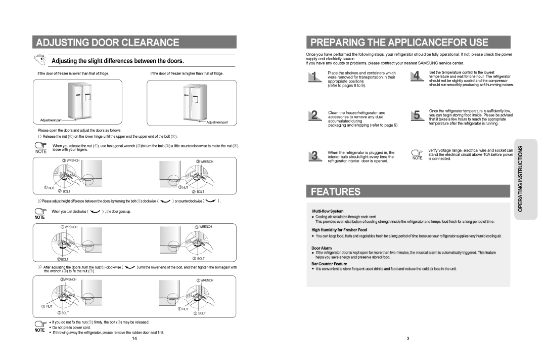 Samsung RS20CR, RS20BR, RS20NR user manual Adjusting Door Clearance, Preparing the Applicancefor USE, Features 