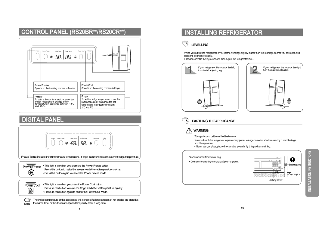 Samsung RS20NR user manual Control Panel RS20BR**/RS20CR Installing Refrigerator, Digital Panel, Freezer 