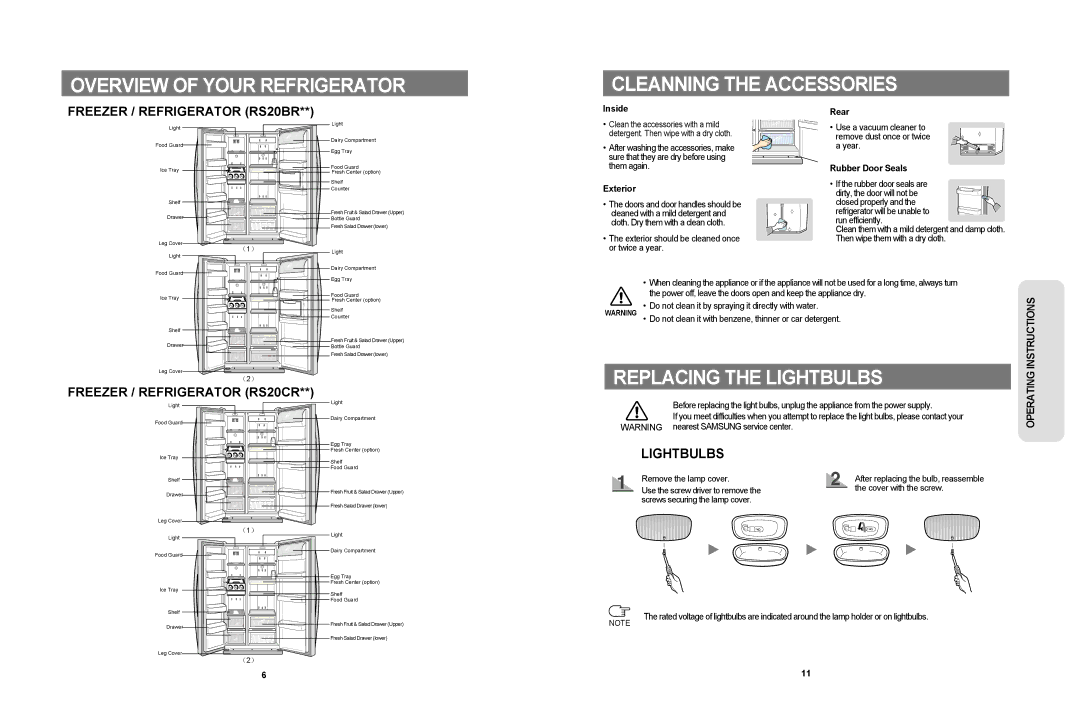 Samsung RS20CR Overview of Your Refrigerator Cleanning the Accessories, Replacing the Lightbulbs, Inside Rear, Exterior 