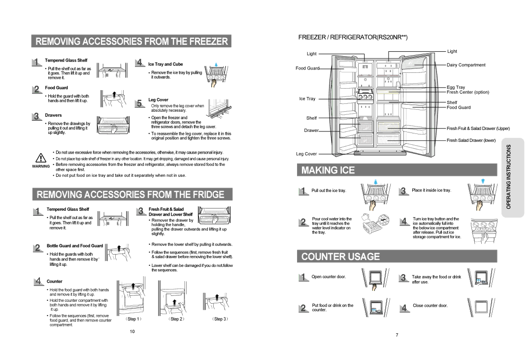 Samsung RS20BR, RS20NR, RS20CR Removing Accessories from the Freezer, Removing Accessories from the Fridge, Counter Usage 
