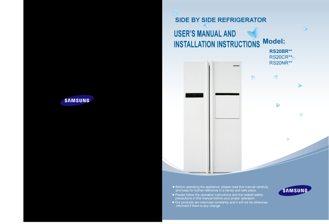 Samsung user manual Side By Side Refrigerator, RS20BR, RS20CR RS20NR 
