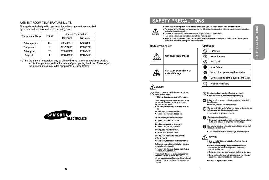 Samsung RS20BR, RS20NR, RS20CR user manual Safety Precautions, Electronics, Ambient Room Temperature Limits 