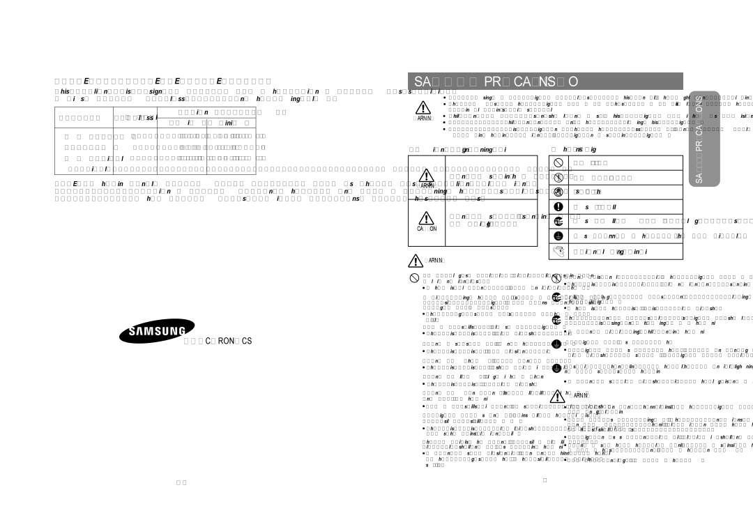 Samsung RS20BRPS5/XET, RS20BRPS5/XEG manual Safety Precautions, Electronics, Damaged socket may be over hot to cause fire 