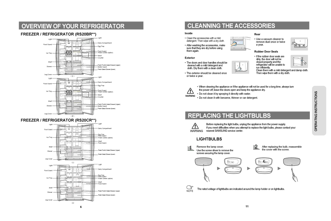 Samsung RS20BRPS5/XAG, RS20BRPS5/XEG Overview of Your Refrigerator Cleanning the Accessories, Replacing the Lightbulbs 