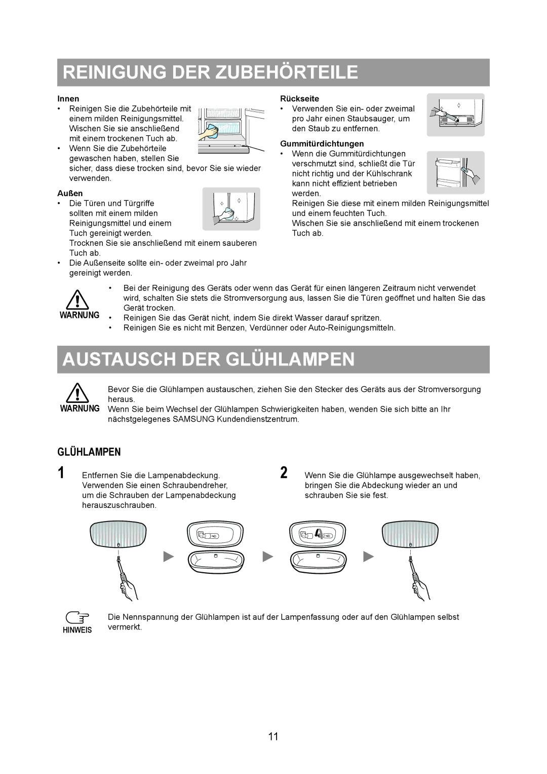 Samsung RS20NRPS5/XAG, RS20BRPS5/XEG, RS20BRPS5/XAG, RS20BRPS5/XET manual Reinigung DER Zubehörteile, Austausch DER Glühlampen 