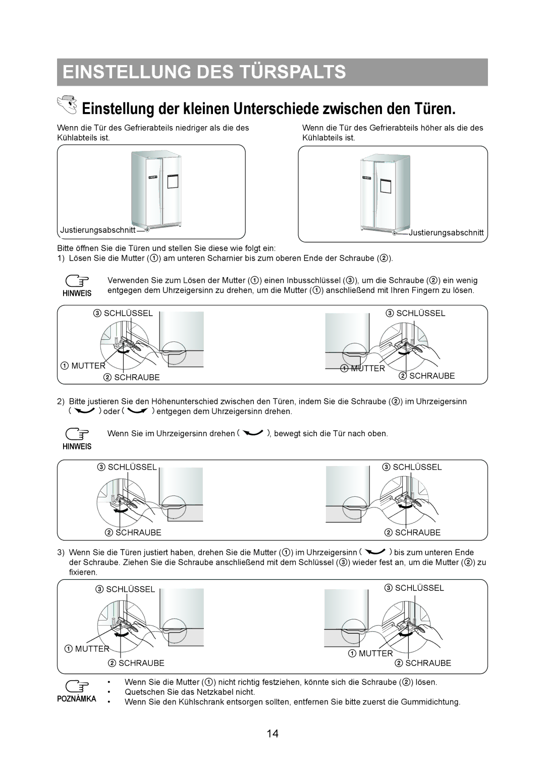 Samsung RS20BRPS5/XEG, RS20NRPS5/XAG, RS20BRPS5/XAG, RS20BRPS5/XET manual Einstellung DES Türspalts, Poznámka 