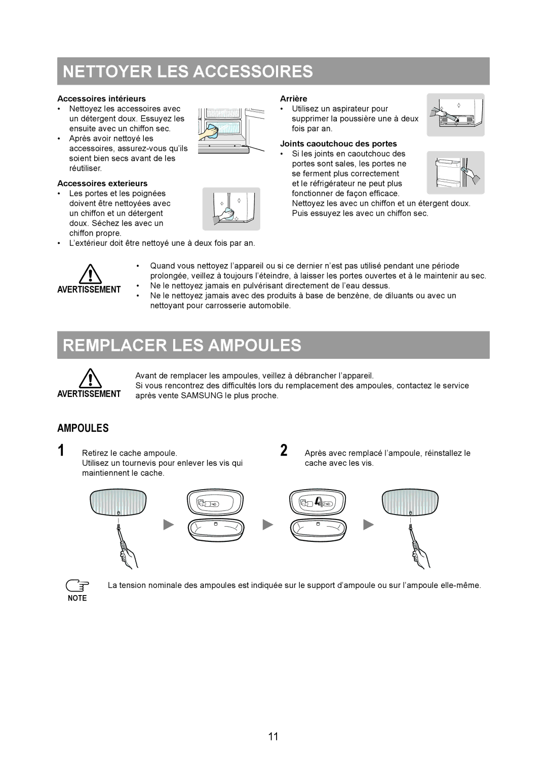 Samsung RS20NRSV5/XEF, RS20BRPS5/XET, RS20NRHS5/XEF, RS20NCSL1/XEF manual Nettoyer LES Accessoires, Remplacer LES Ampoules 