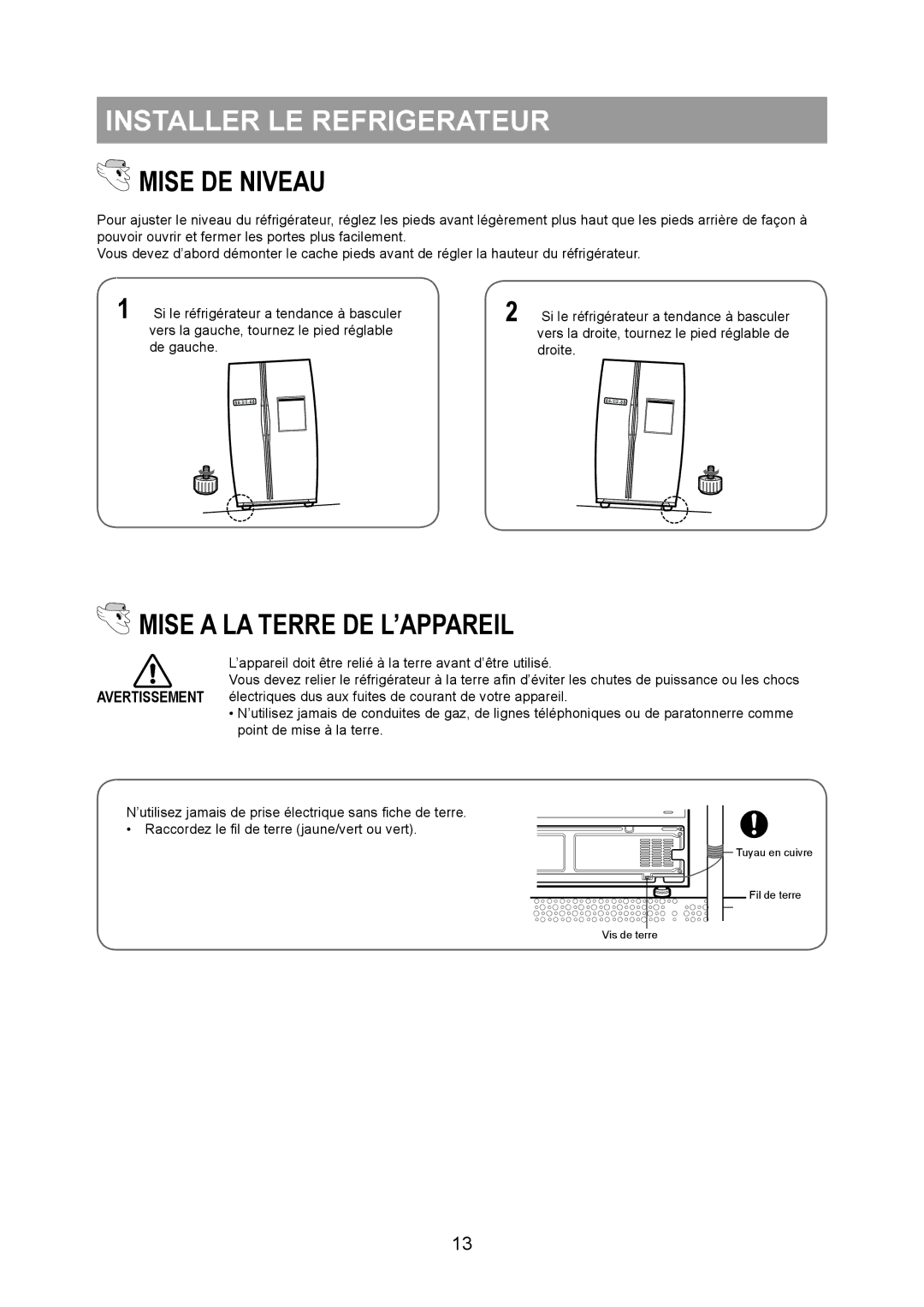 Samsung RS20BRPS5/XET, RS20NRHS5/XEF, RS20NCSL1/XEF, RS20NRSV5/XEF manual Mise DE Niveau, Mise a LA Terre DE L’APPAREIL 