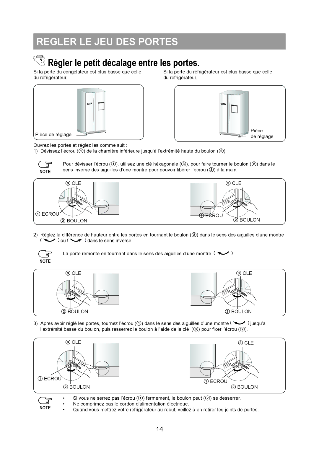 Samsung RS20NRHS5/XEF, RS20BRPS5/XET, RS20NCSL1/XEF Regler LE JEU DES Portes, Régler le petit décalage entre les portes 