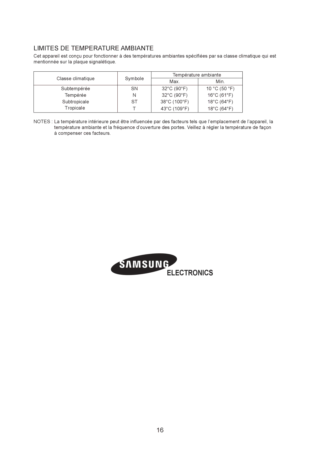 Samsung RS20NRSV5/XEF, RS20BRPS5/XET, RS20NRHS5/XEF manual Température ambiante, Max Min, 50 F, 16C, Tropicale, 18C 64F 