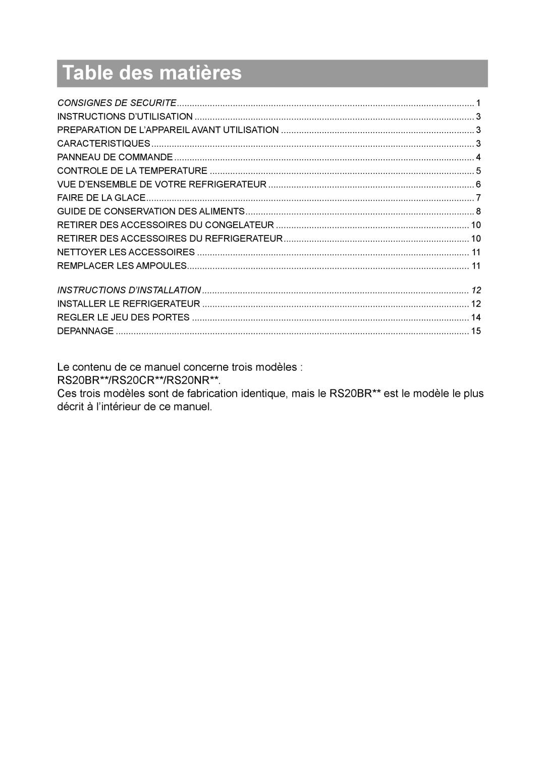 Samsung RS20NCSL1/XEF, RS20BRPS5/XET, RS20NRHS5/XEF, RS20NRSV5/XEF, RS20NCSL5/XEF manual Table des matières 