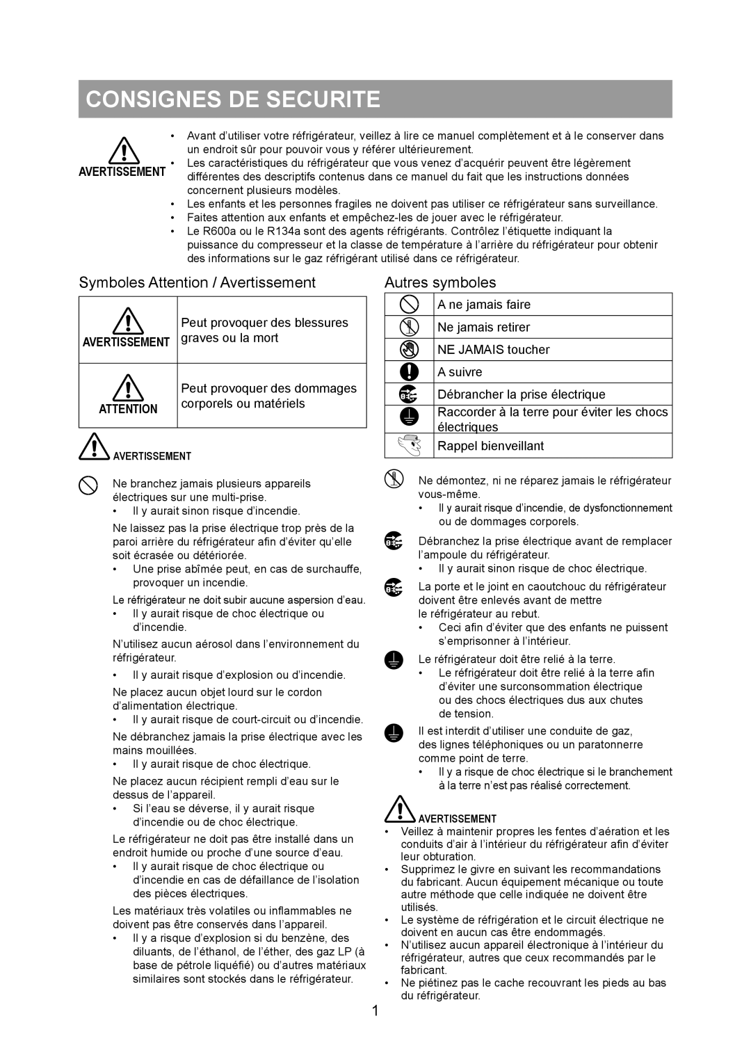 Samsung RS20NRSV5/XEF, RS20BRPS5/XET, RS20NRHS5/XEF, RS20NCSL1/XEF manual Consignes DE Securite, Concernent plusieurs modèles 