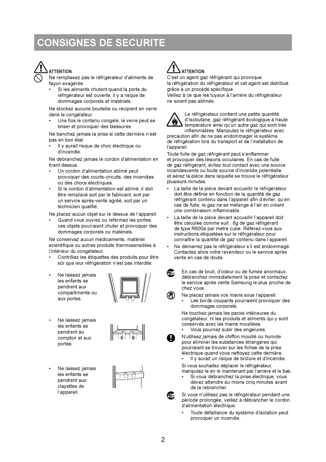 Samsung RS20NCSL5/XEF, RS20BRPS5/XET, RS20NRHS5/XEF, RS20NCSL1/XEF manual Il y aurait un risque de brûlure et d’incendie 