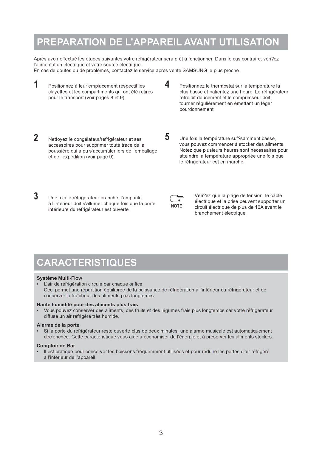 Samsung RS20BRPS5/XET, RS20NRHS5/XEF, RS20NCSL1/XEF manual Preparation DE L’APPAREIL Avant Utilisation, Caracteristiques 