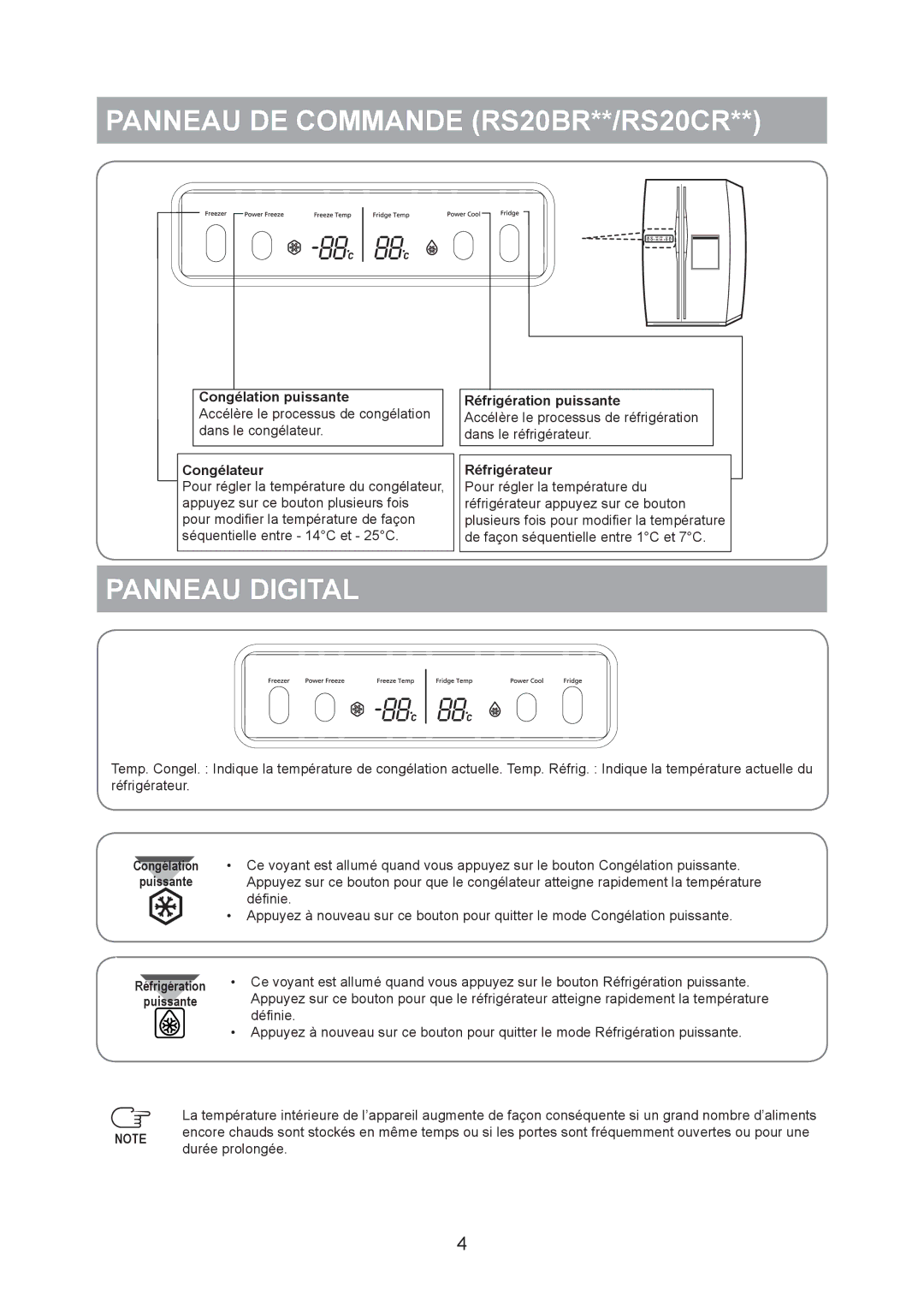 Samsung RS20NRHS5/XEF, RS20BRPS5/XET, RS20NCSL1/XEF, RS20NRSV5/XEF manual Panneau DE Commande RS20BR**/RS20CR, Panneau Digital 