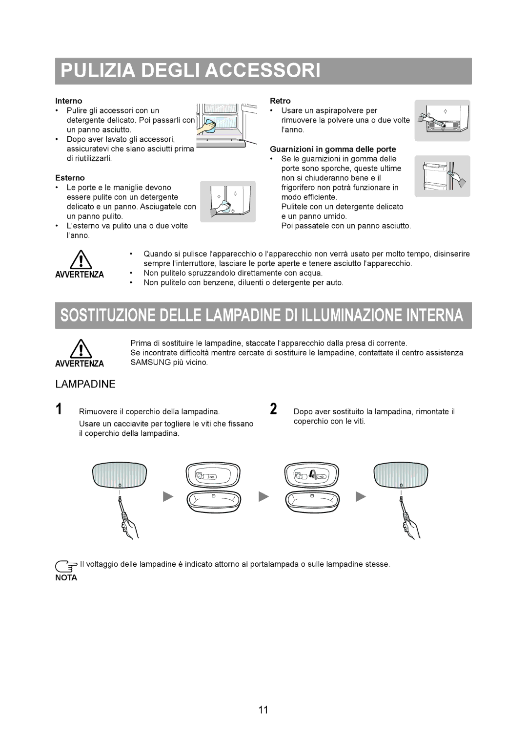 Samsung RS20NRSV5/XEF, RS20BRPS5/XET, RS20NRPS5/XET manual Pulizia Degli Accessori, Lampadine 