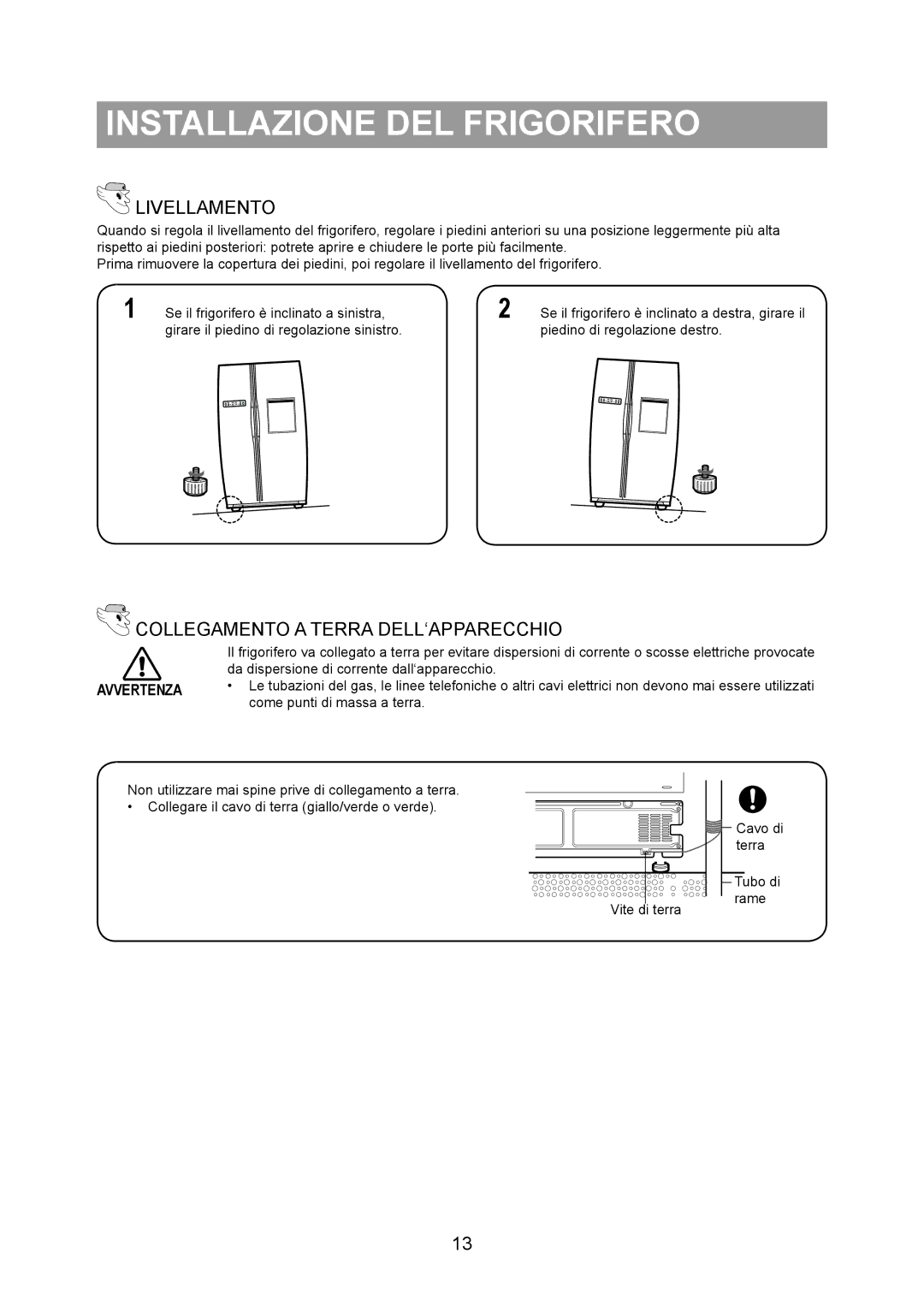 Samsung RS20BRPS5/XET, RS20NRSV5/XEF, RS20NRPS5/XET manual Livellamento, Collegamento a Terra DELL‘APPARECCHIO 