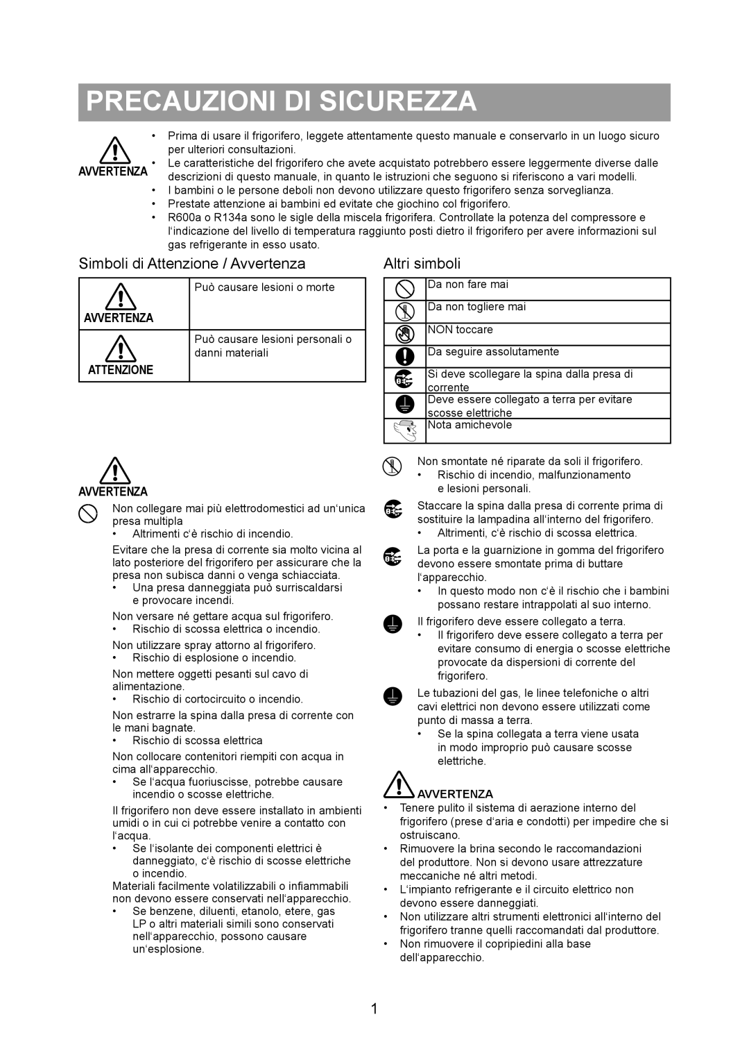 Samsung RS20BRPS5/XET, RS20NRSV5/XEF manual Precauzioni DI Sicurezza, Simboli di Attenzione / Avvertenza, Altri simboli 