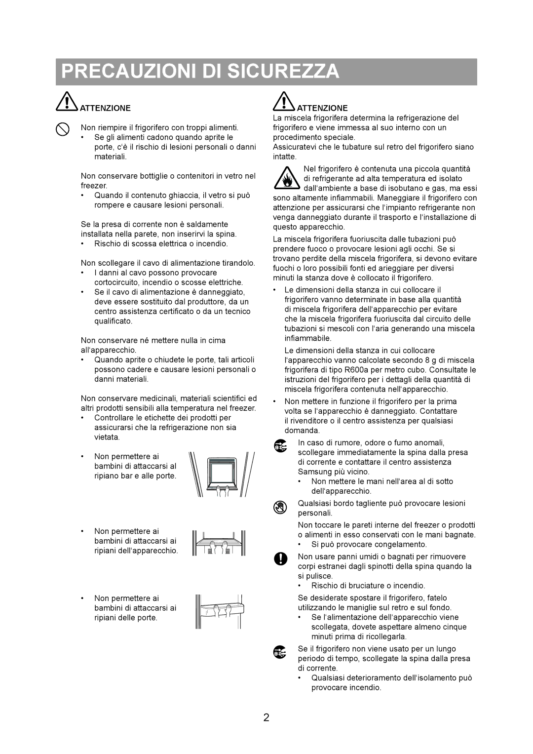 Samsung RS20NRSV5/XEF, RS20BRPS5/XET, RS20NRPS5/XET manual Attenzione 