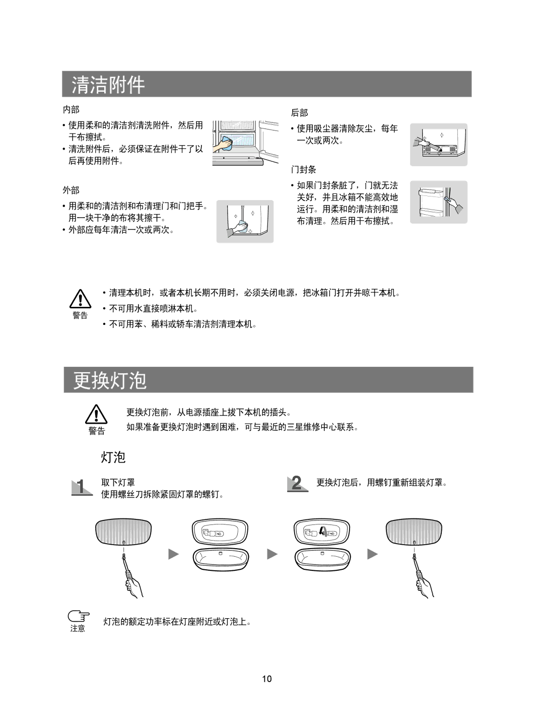 Samsung RS20CCSV5/XEH, RS20CCSV5/XES, RS20CCSL5/XEH, RS20NAMS5/XAG manual 清洁附件, 更换灯泡 