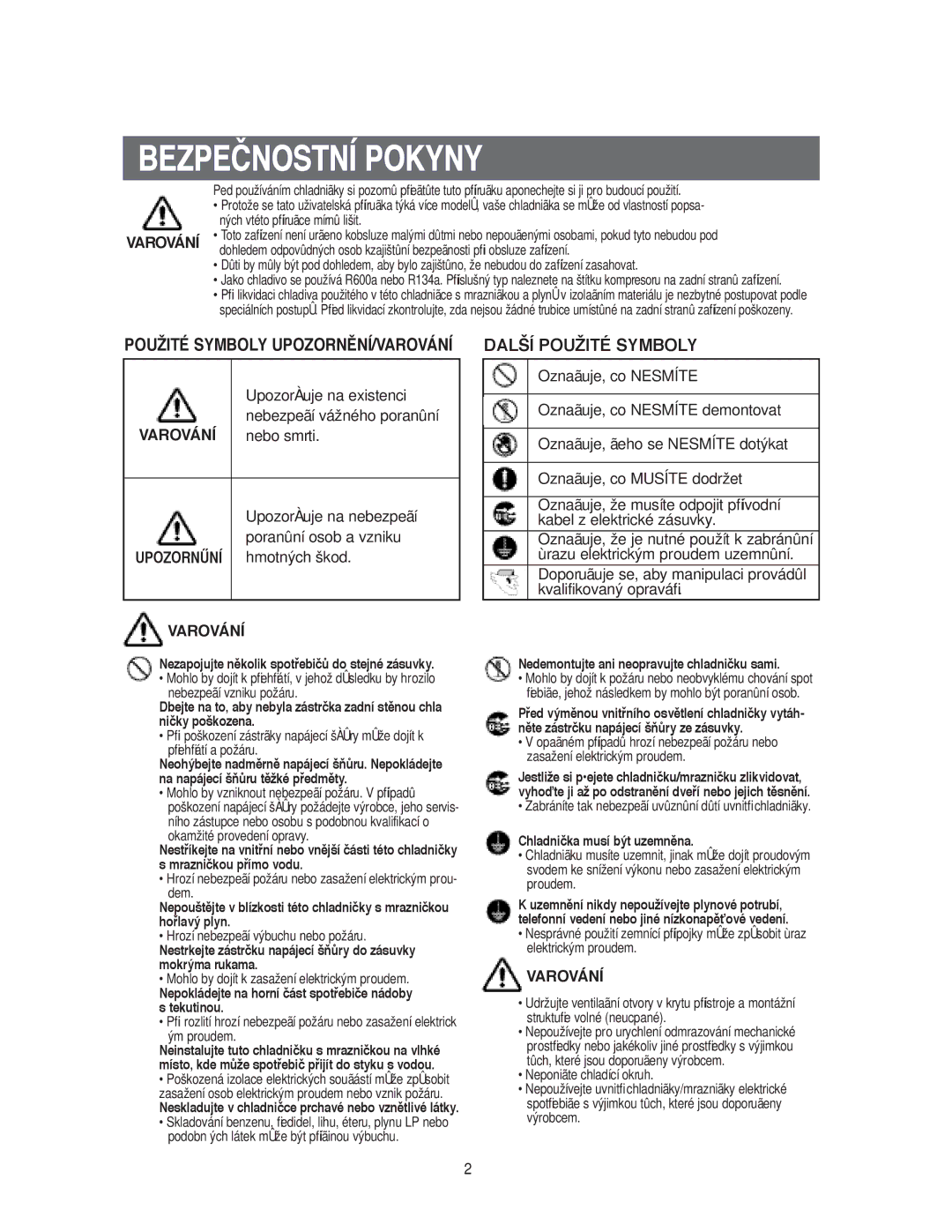 Samsung RS20CCSL5/XEH, RS20CCSV5/XEH, RS20CCSV5/XES manual Bezpečnostní Pokyny, Použité Symboly UPOZORNùNÍ/VAROVÁNÍ 