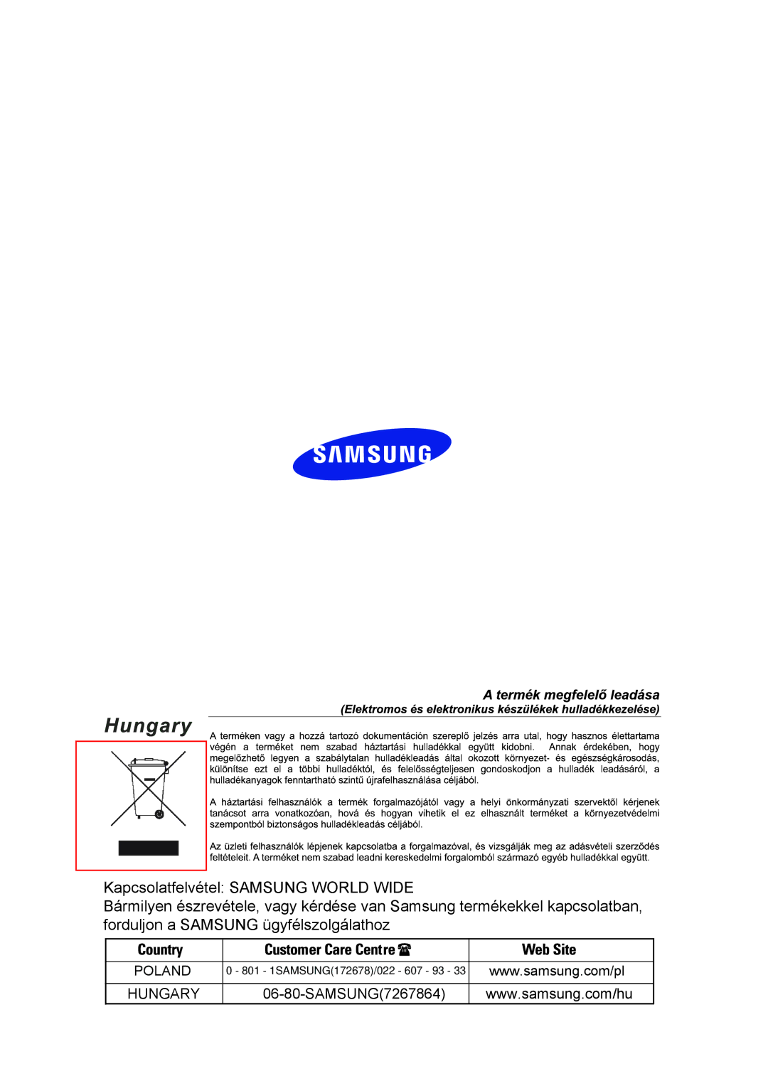 Samsung RS20CRHS5/XEH, RS20CRHS5/XEO, RS20BRHS5/XEO, RS20VRHS5/XEO manual Hungary 