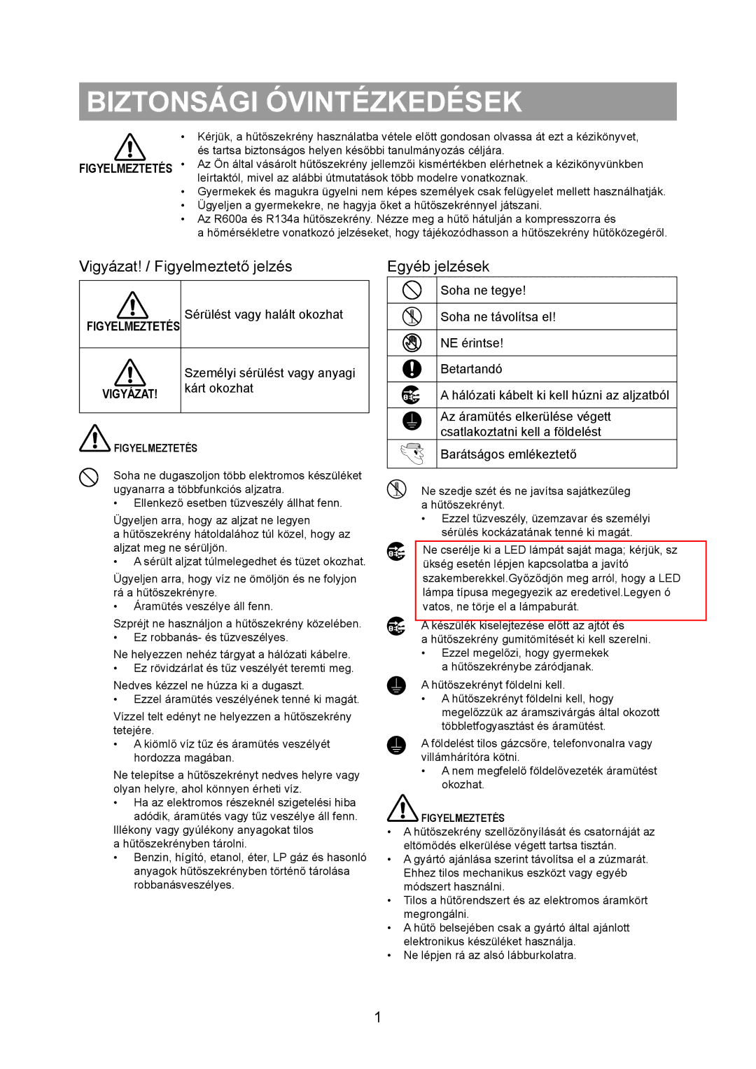 Samsung RS20VRHS5/XEO, RS20CRHS5/XEH, RS20CRHS5/XEO manual Biztonsági Óvintézkedések, Vigyázat! / Figyelmeztető jelzés 