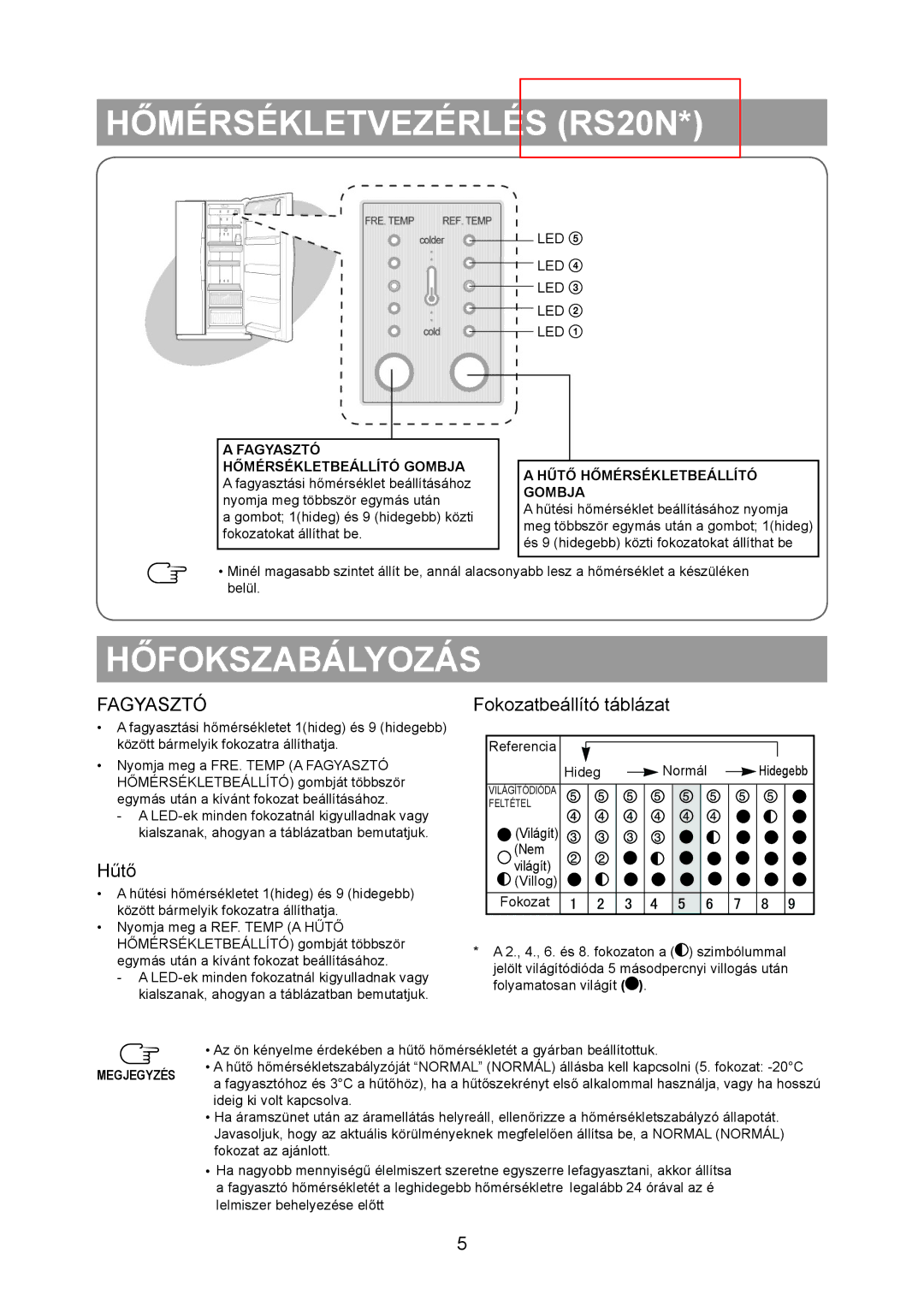 Samsung RS20VRHS5/XEO, RS20CRHS5/XEH, RS20CRHS5/XEO, RS20BRHS5/XEO manual Hőmérsékletvezérlés RS20N, Hőfokszabályozás 