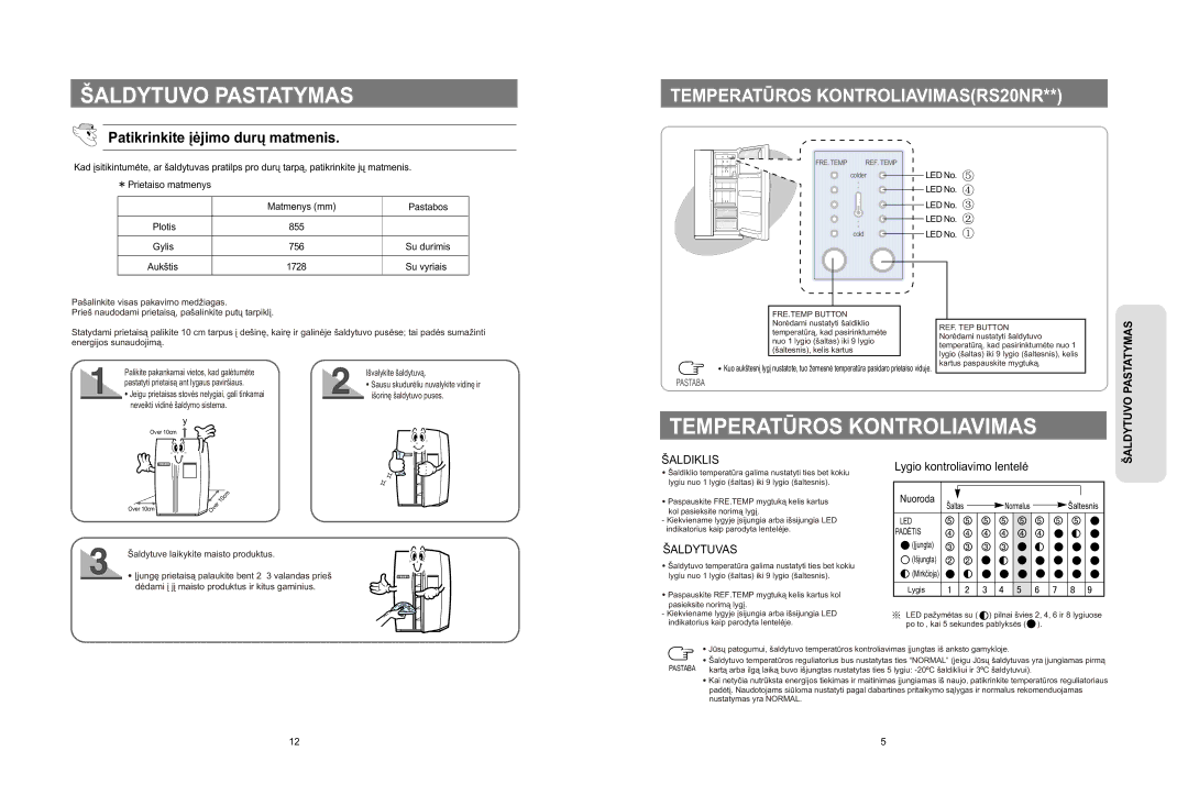 Samsung RS20CRMB5/BWT, RS20CRPS5/BWT manual Temperatūros Kontroliavimas, Pašalinkite visas pakavimo medžiagas, Šaltesnis 