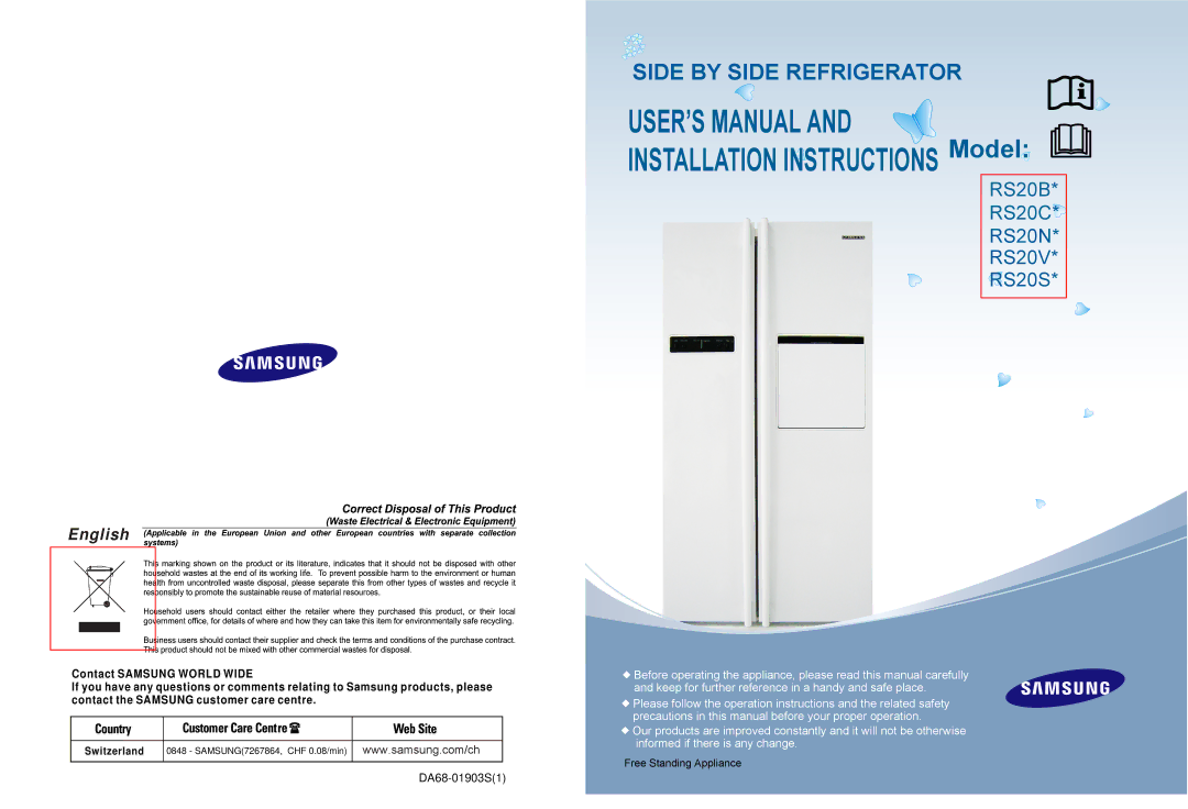 Samsung RS20VRPS5/XET, RS20CRPS5/XEG, RS20VRPS5/SWS, RS20CRPS5/SWS manual English, SAMSUNG7267864, CHF 0.08/min 