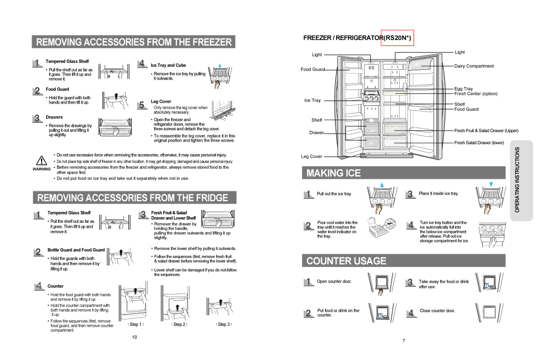 Samsung RS20VRPS5/XET manual Removing Accessories from the Freezer, Removing Accessories from the Fridge, Counter Usage 