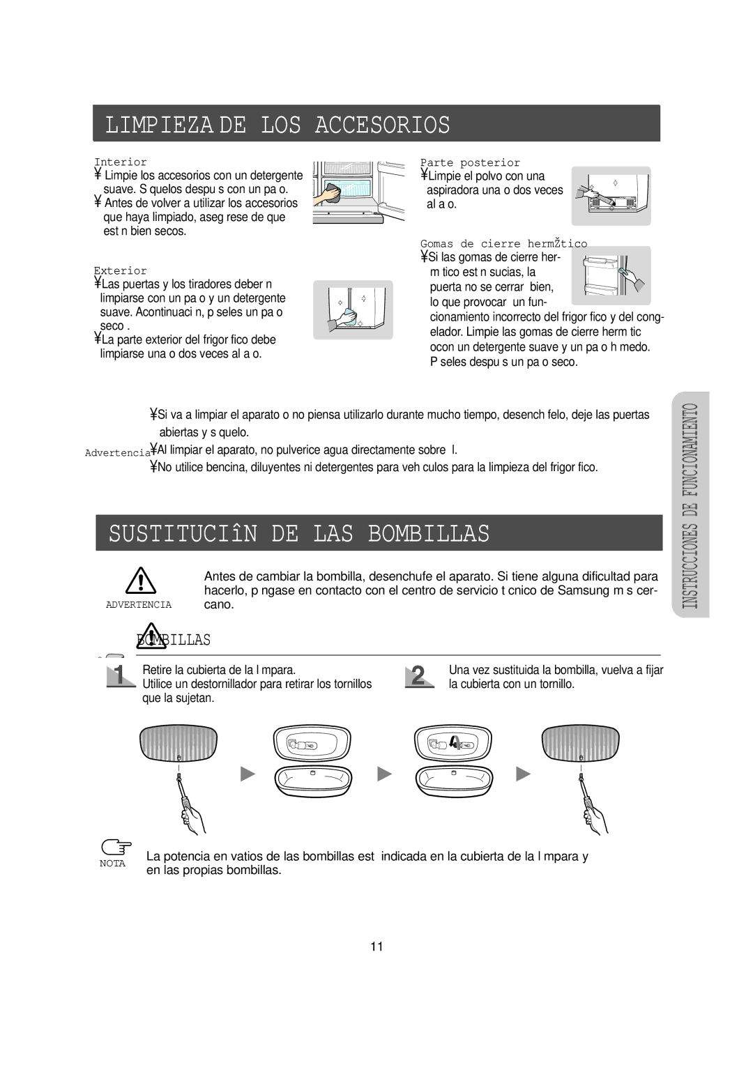 Samsung RS20NCSL5/XES, RS20NCSL1/XEF, RS20NCSW1/XEF, RS20NCSW1/DOR Limpieza DE LOS Accesorios, Sustitución DE LAS Bombillas 