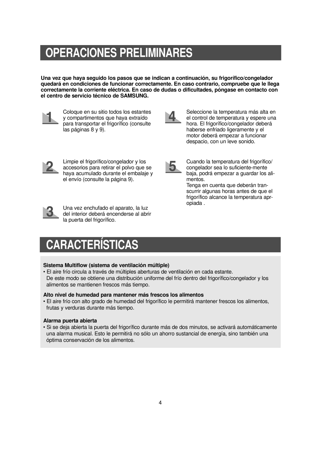 Samsung RS20NCSV5/XES manual Operaciones Preliminares, Características, Sistema Multiflow sistema de ventilación múltiple 