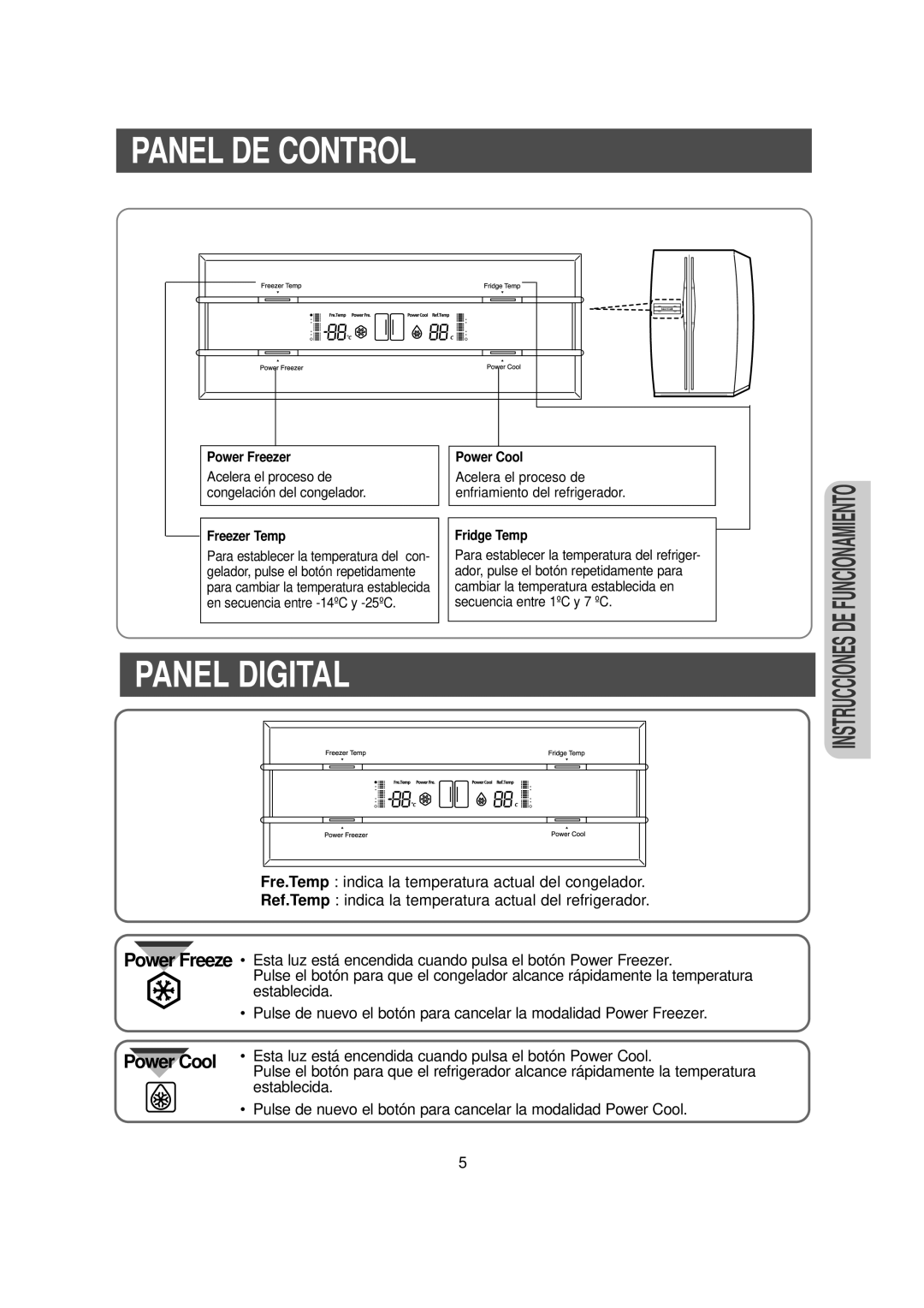 Samsung RS20NASL1/XES, RS20NCSL1/XEF Panel DE Control, Panel Digital, Power Freezer Power Cool, Freezer Temp Fridge Temp 