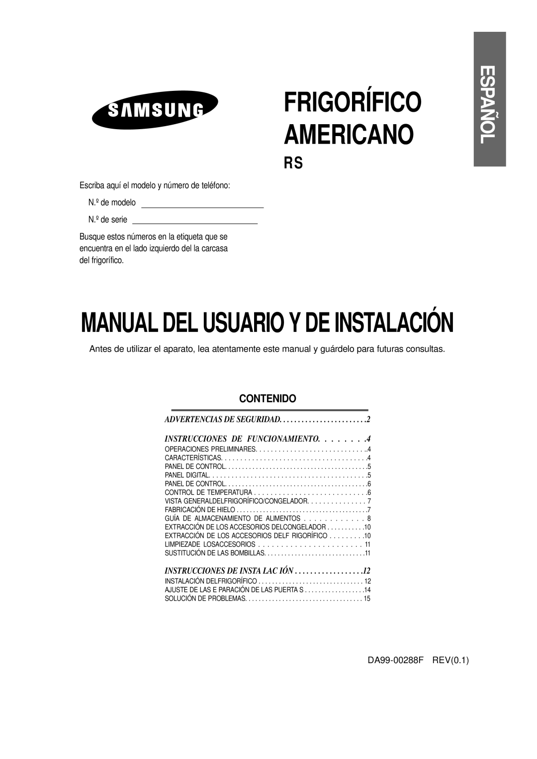 Samsung RS20NCSW1/XEF, RS20NCSL1/XEF manual Español, Contenido, Frigorífico Americano, Manual Del Usuario Y De Instalación 