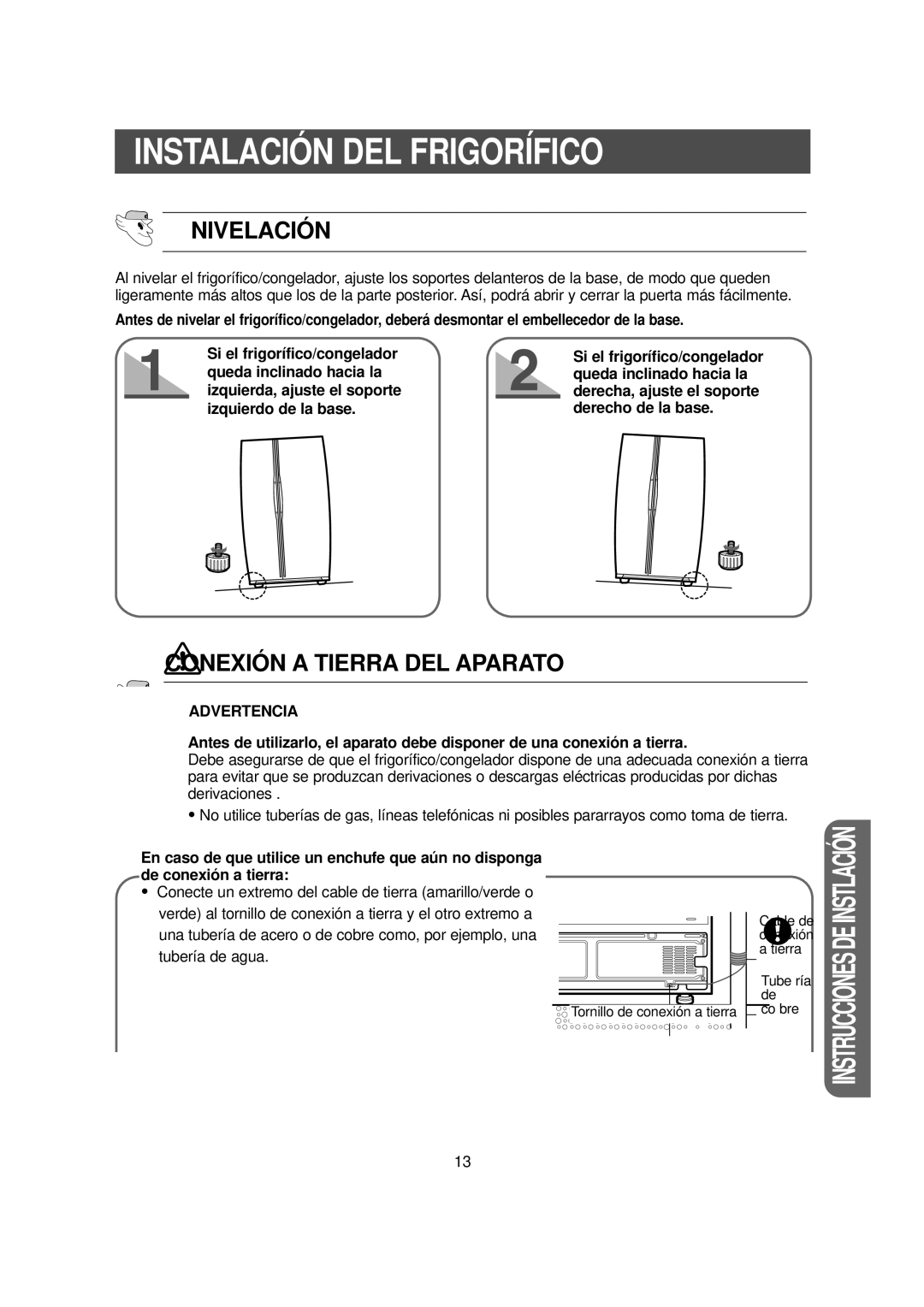 Samsung RS20NCSL1/XEF Nivelación, Conexión A Tierra Del Aparato, Si el frigorífico/congelador, queda inclinado hacia la 