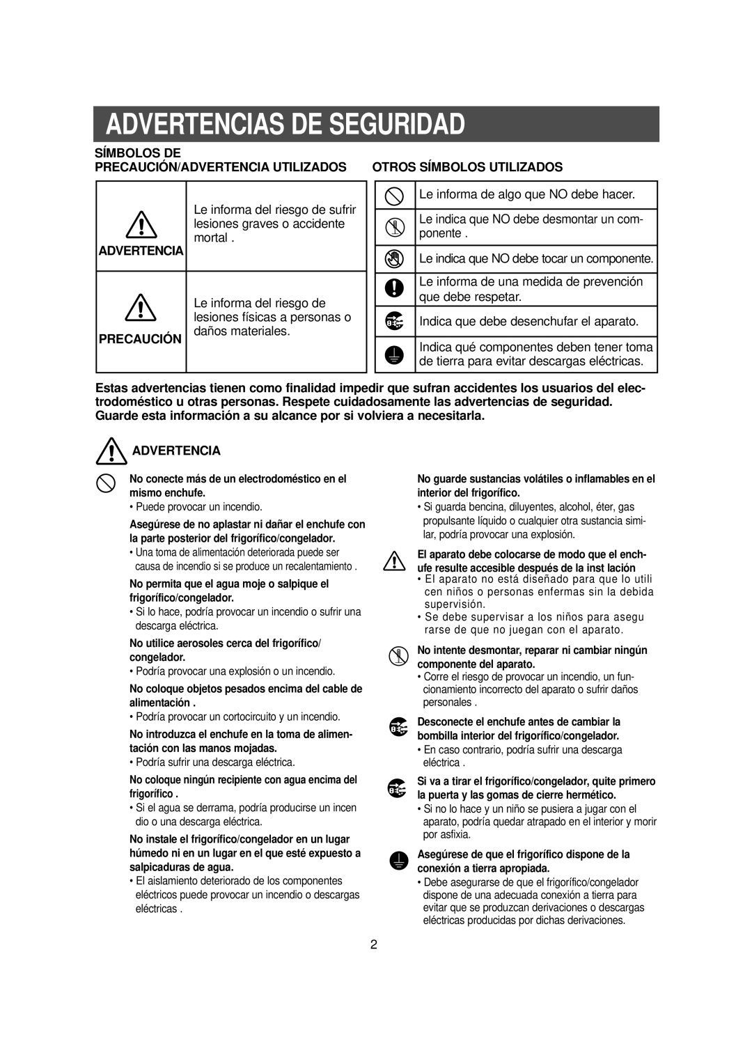 Samsung RS20NCSW1/DOR Advertencias De Seguridad, Símbolos De, Precaución/Advertencia Utilizados Otros Símbolos Utilizados 
