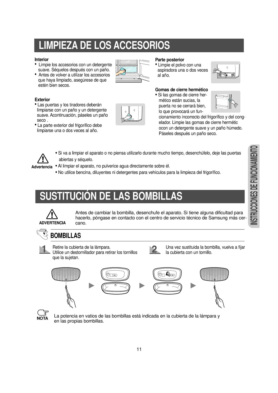 Samsung RS20NCSV5/XEK, RS20NCSL1/XEK, RS20NCSL5/XEK manual Limpieza DE LOS Accesorios, Sustitución DE LAS Bombillas 