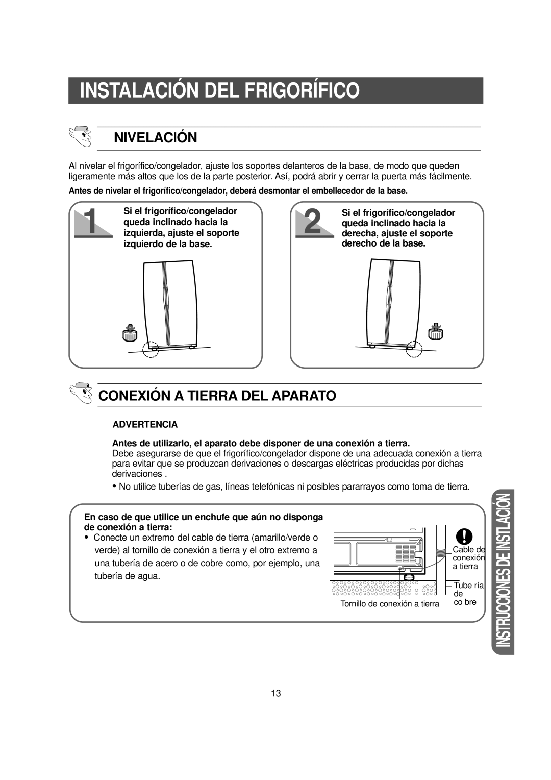 Samsung RS20NCSL5/XEK, RS20NCSL1/XEK, RS20NCSV5/XEK Nivelación, Conexión a Tierra DEL Aparato, Si el frigorífico/congelador 