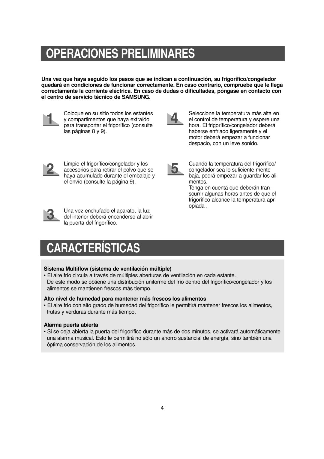 Samsung RS20NCSL5/XEK manual Operaciones Preliminares, Características, Sistema Multiflow sistema de ventilación múltiple 